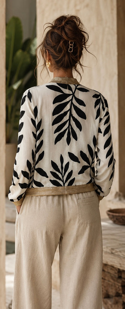Bomber Jacket with Marine Blue Leaves