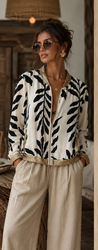 Bomber Jacket with Marine Blue Leaves
