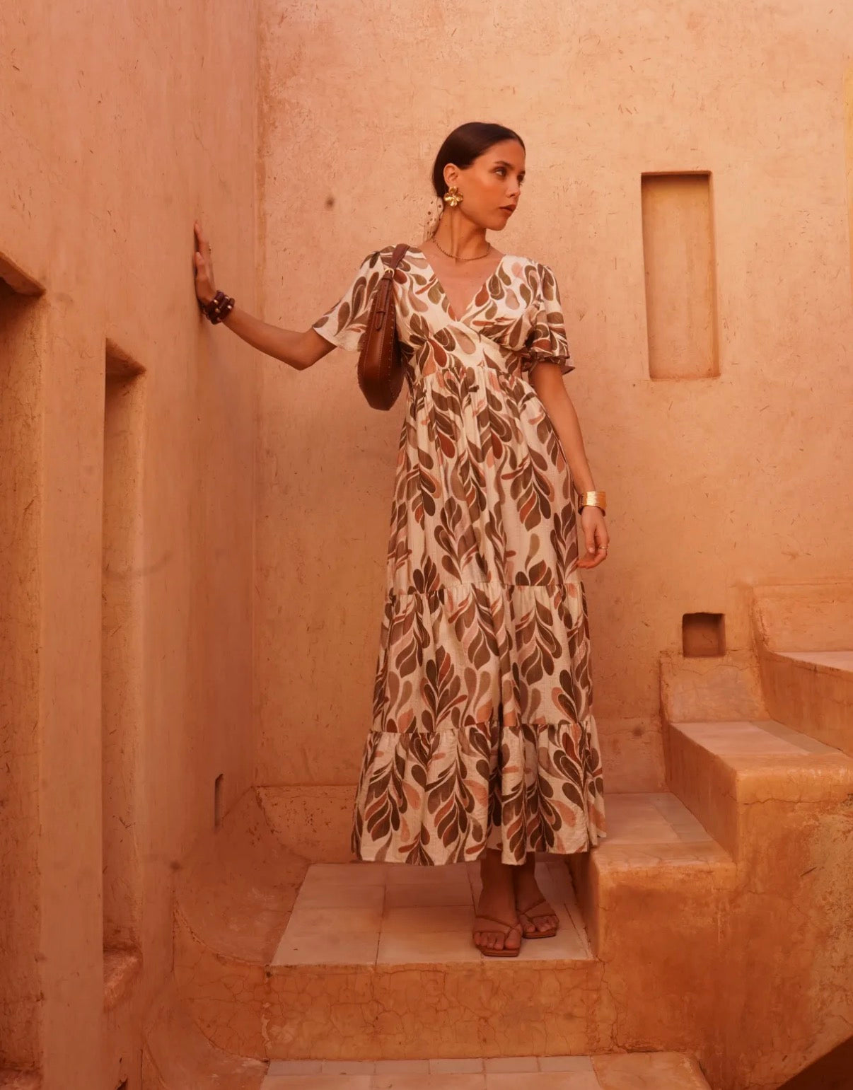 LOD of Love – Luna Leaf Maxi Jurk Beige/Bruin