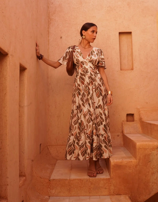 LOD of Love – Luna Leaf Maxi Jurk Beige/Bruin