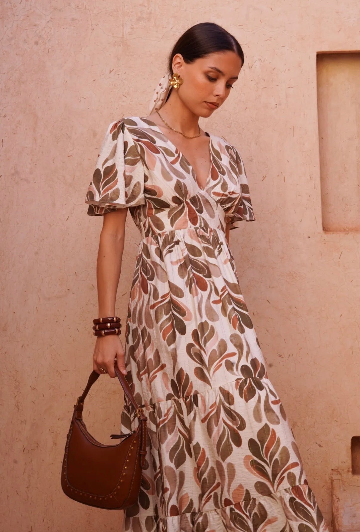 LOD of Love – Luna Leaf Maxi Jurk Beige/Bruin