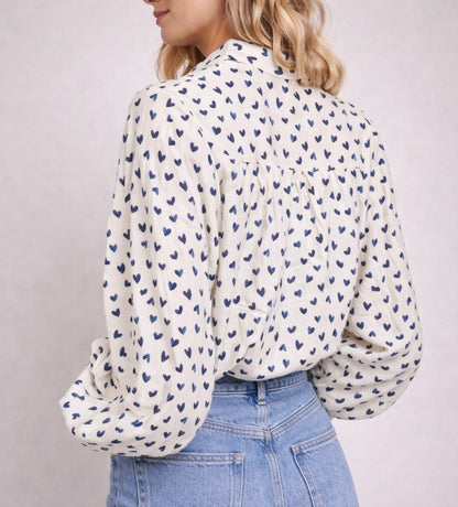 LOD of Love – Blauwe Hartjes Blouse met Pofmouw