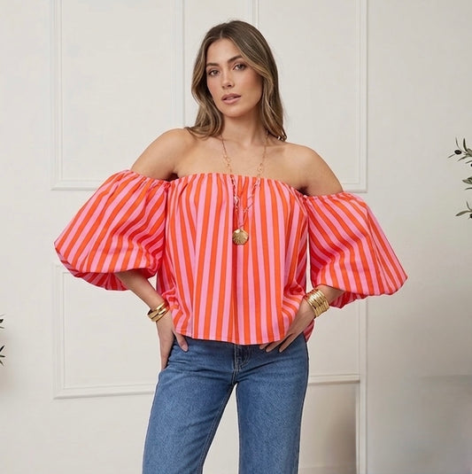 LOD of Love – Streep Off Shoulder Top Pink/Orange