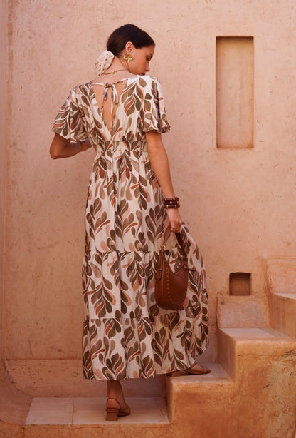 LOD of Love – Luna Leaf Maxi Jurk Beige/Bruin