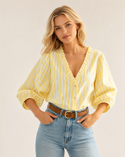 LOD of Love – Emma Bluse mit Blätterdruck und Puffärmeln – Blau