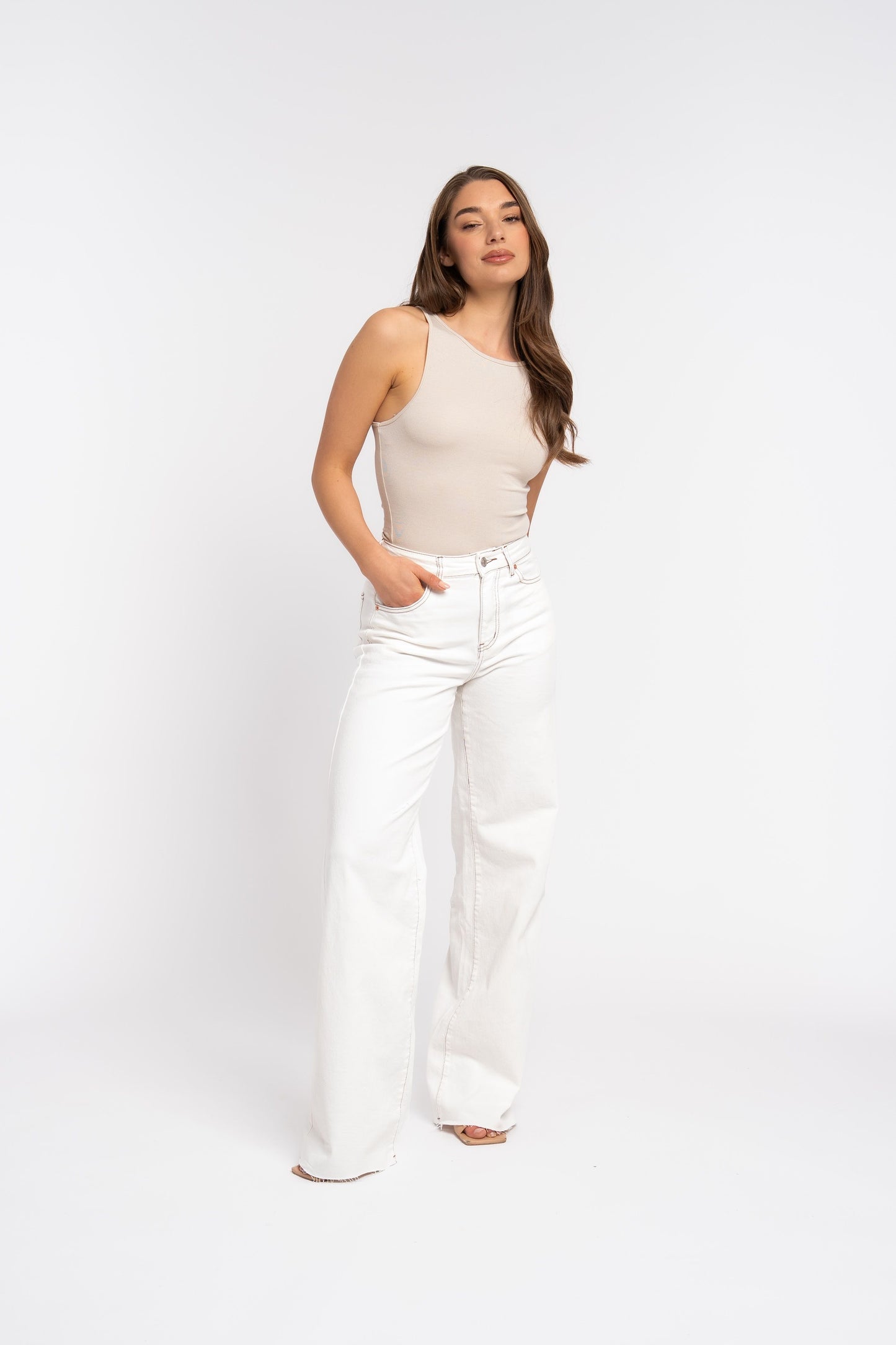LOD of Love - Extra Tall Wide Leg Jeans White Brown Stitch – Inseam 90 cm