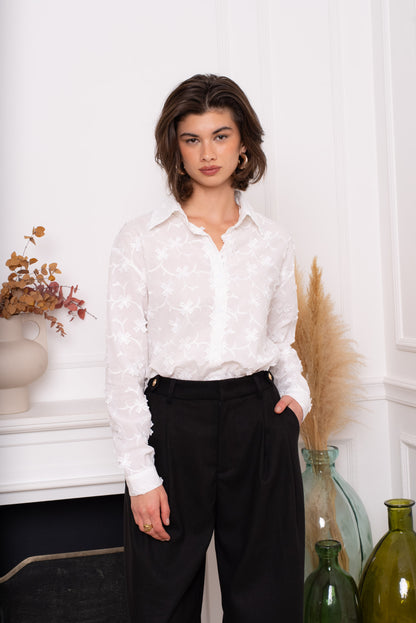 LOD of Love – Emma Bluse mit Blätterdruck und Puffärmeln – Blau