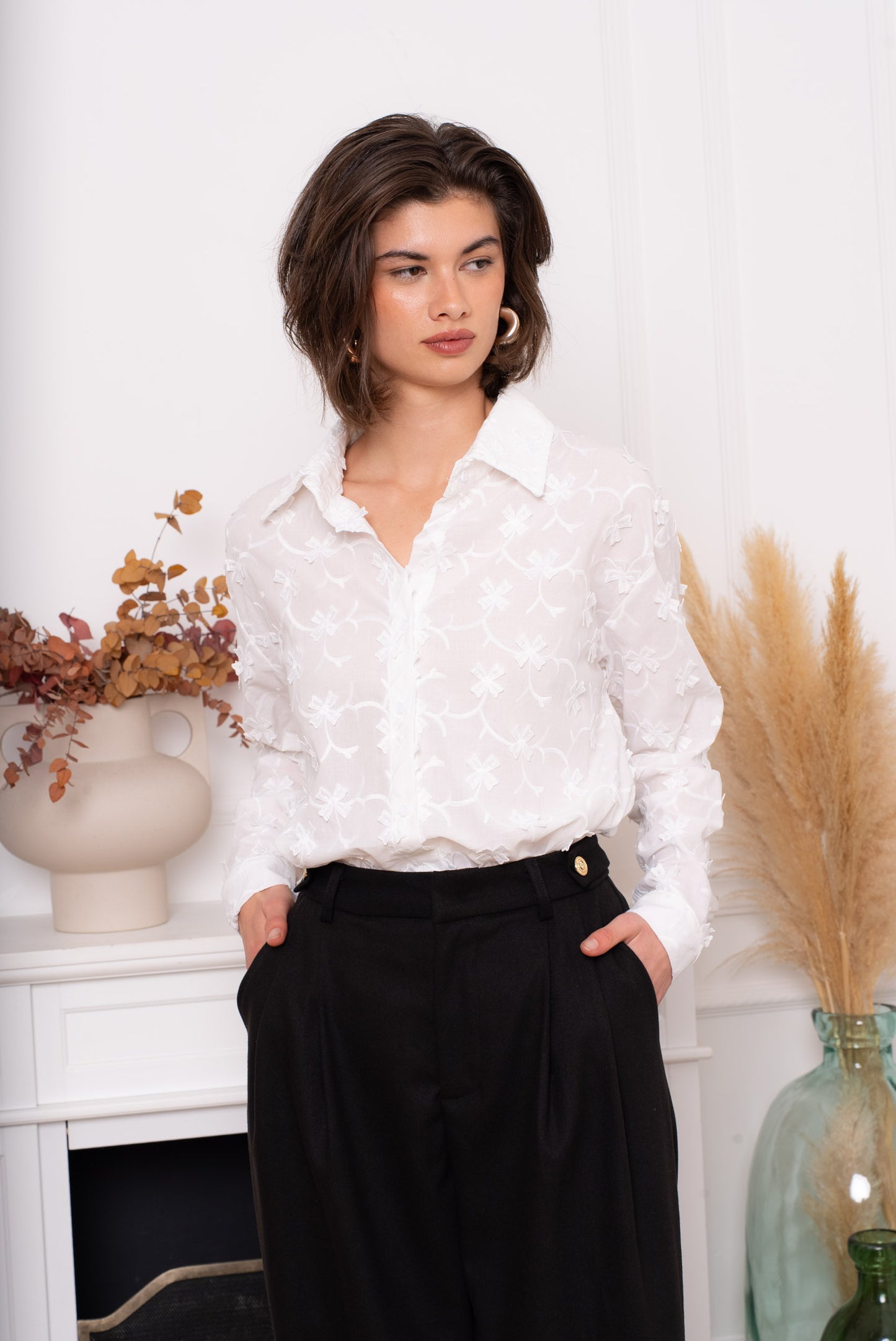 LOD of Love – Emma Bluse mit Blätterdruck und Puffärmeln – Blau