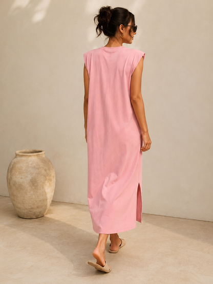 LOD of Love – Roze Katoenen Midi Jurk met Padded Shoulders