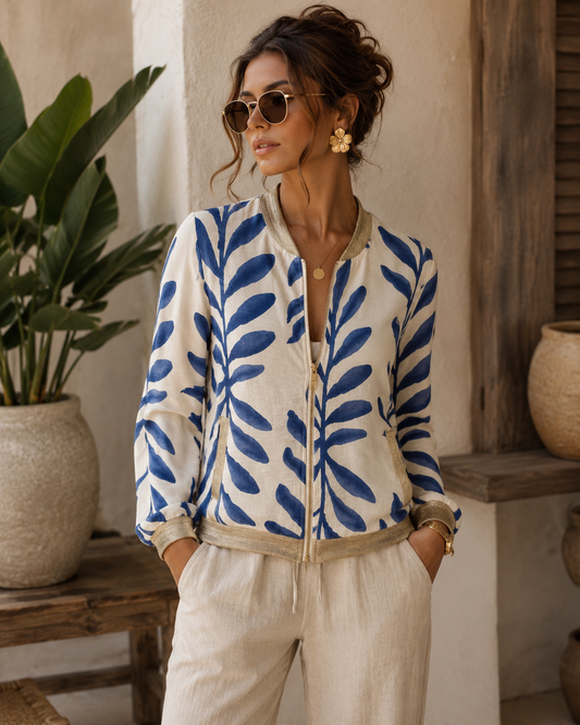 Bomber Jacket with Blue Leaves