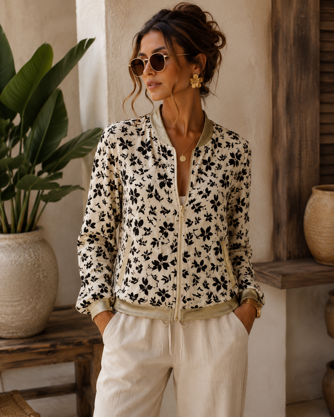LOD of Love - Wit Bomberjack met Zwarte Botanische Print