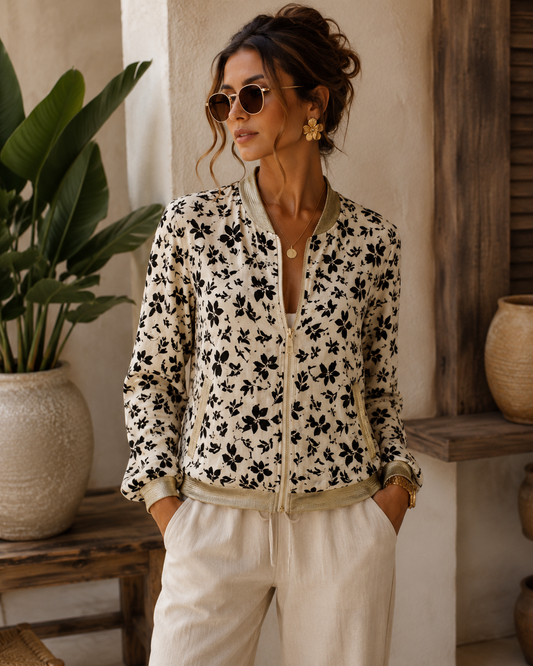 LOD of Love - Wit Bomberjack met Zwarte Botanische Print
