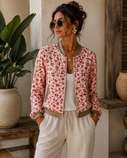 LOD of Love – Gebroken Wit Bomberjack met Rode Botanische Print