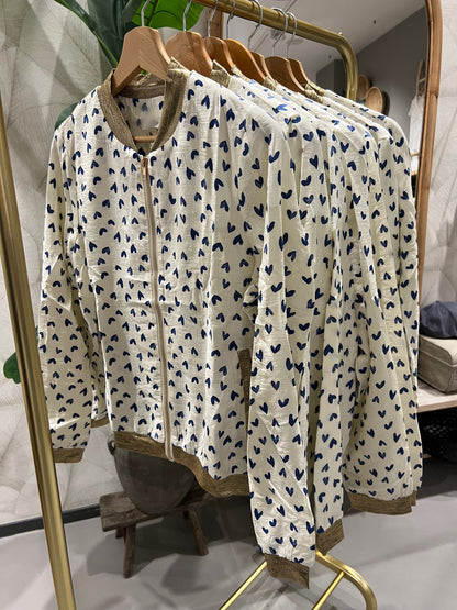 LOD of Love -  Bomberjack Gebroken Wit Met Blauwe Hartjes