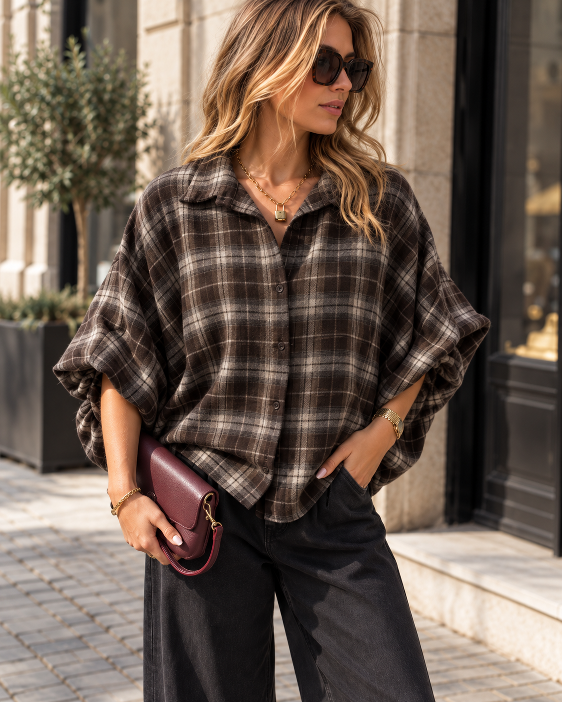 LOD of Love – Oversized Geruite Blouse Bruin 🤎