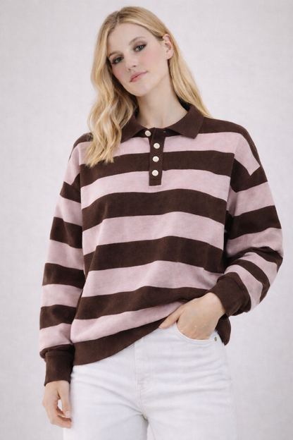 LOD Of Love - Striped Sweater Beige Brown With Embroidered Flower Sleeve