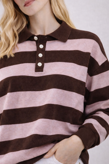 LOD Of Love - Striped Sweater Beige Brown With Embroidered Flower Sleeve