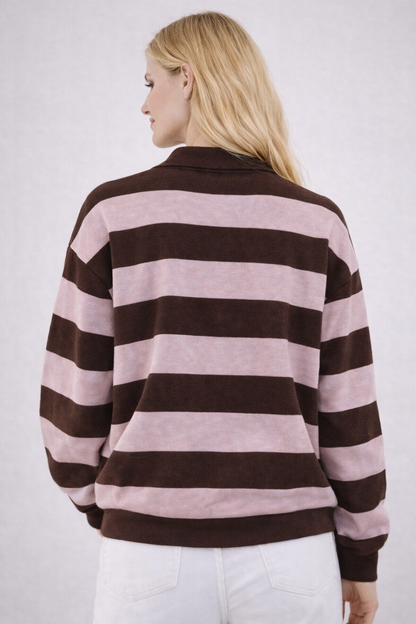 LOD Of Love - Striped Sweater Beige Brown With Embroidered Flower Sleeve