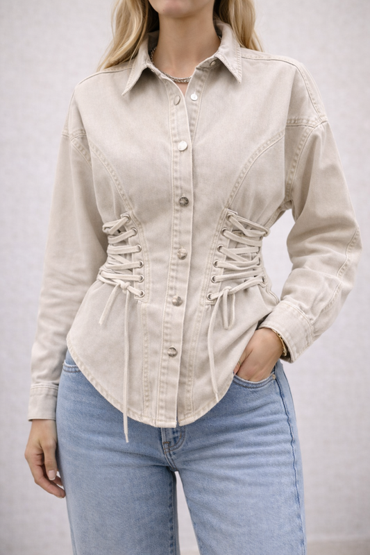 LOD of Love – Denim Blouse met Veters  Beige