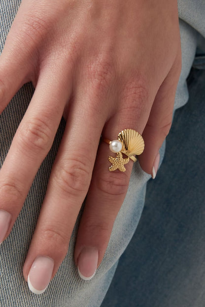 LOD of Love - Goudkleurige Ring met Zeester, Schelp & Parel