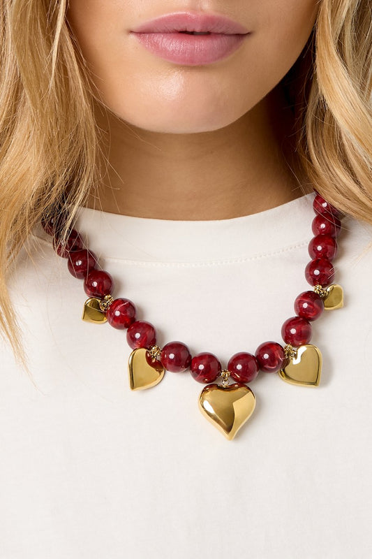 LOD of Love - Bordeaux Kralenketting met Gouden Hartjes