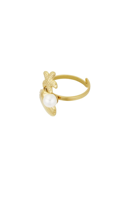 LOD of Love - Goudkleurige Ring met Zeester, Schelp & Parel